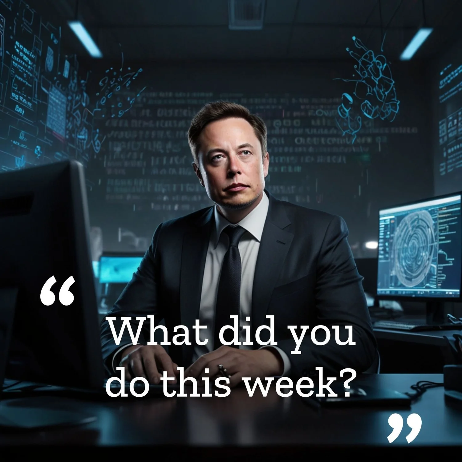 A futuristic office scene featuring Elon Musk in a suit, sitting at a high-tech workstation. He stares at the screen with an intense, authoritative expression. The glowing text overlay reads: 'What did you do this week?'