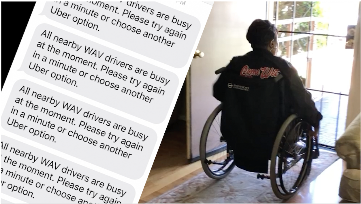 A wheelchair user is seen staring out the front door of her home. Overlayed on the image is a series of text message notifications from rideshare companies Uber and Lyft noting that all Wheelchair Accessible Vehicles are busy.