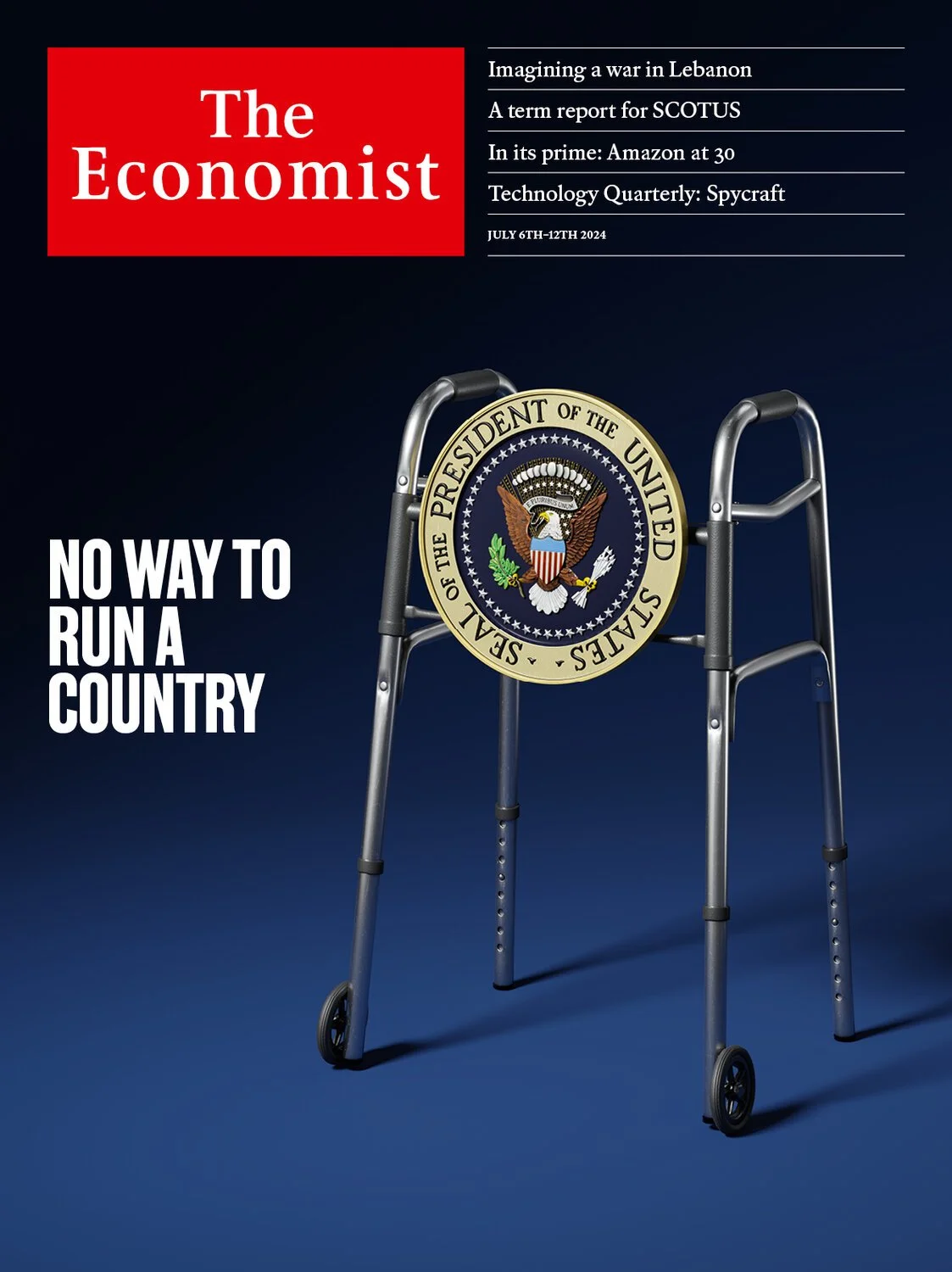 Cover of The Economist magazine dated July 6th-12th, 2024, featuring an image of a walker with the Presidential Seal of the United States and the headline 'No Way to Run a Country’.