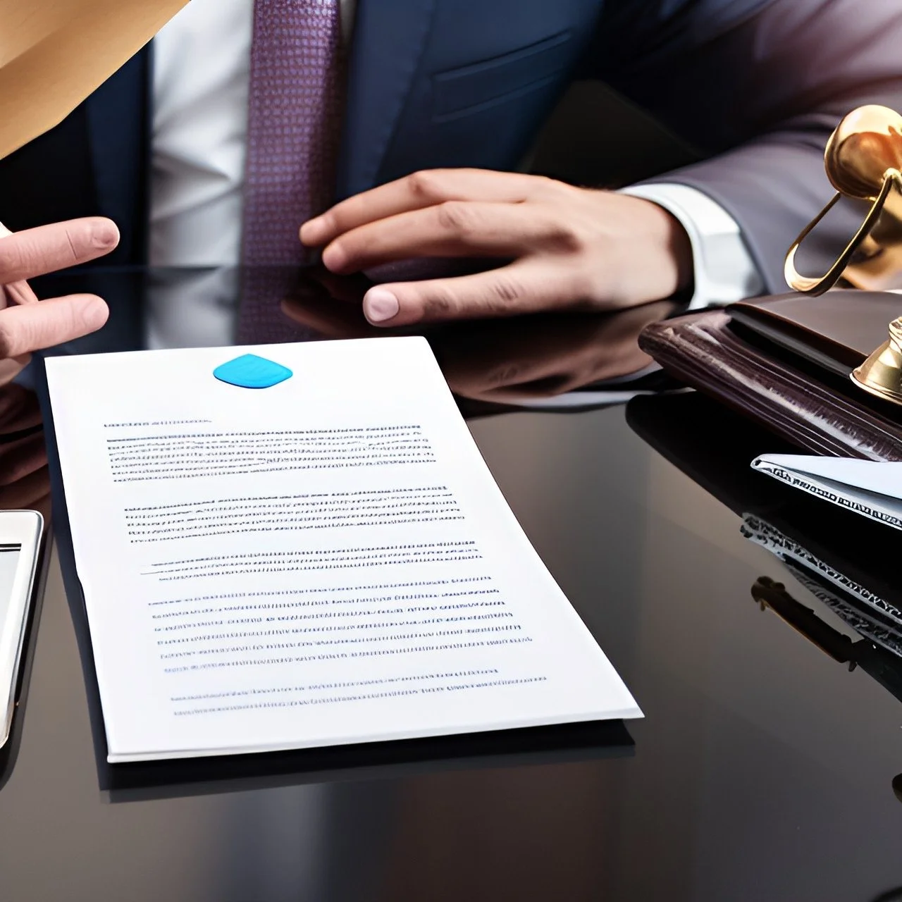 A man in a suit sits behind his desk. The focus is on an official looking letter in front of him.