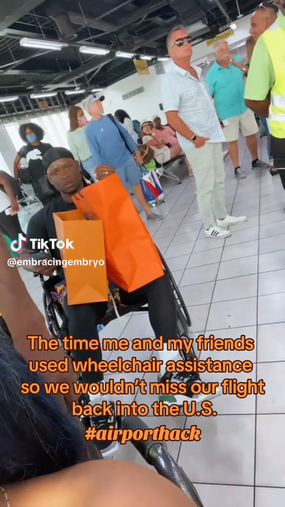 Freeze frame of a TikTok video with the caption “The time me and my friends used wheelchair assistance so we wouldn’t miss our flight back into the U.S.”