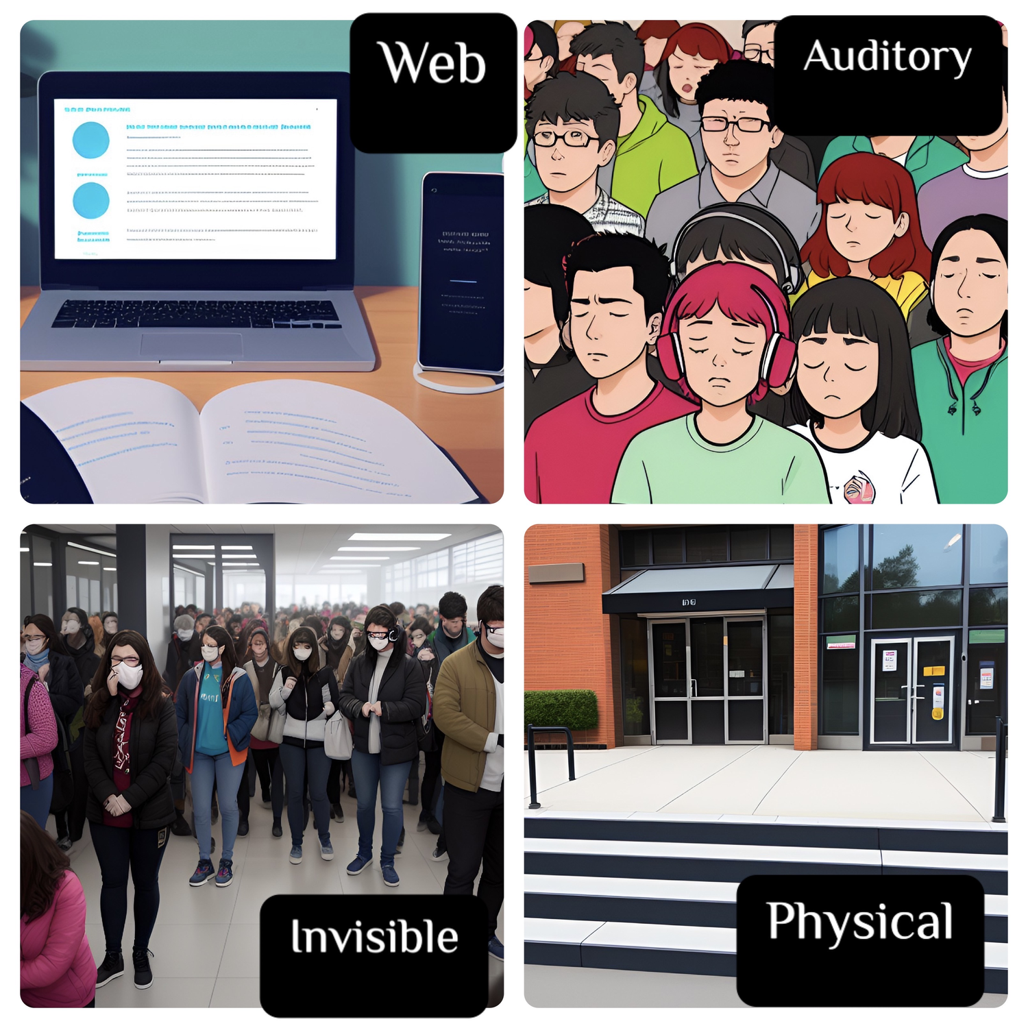A collage of four photos that demonstrate different types of accessibility issues. Top left: A laptop with accessible features for web. Top Right shows a cartoon series of individuals some wearing headphones for auditory processing challenges. Bottom Left: A handful of people in a crowded space some are wearing masks for invisible disabilities Bottom Right is a series of steps leading up to a building demonstrating the need for elimination of physical barriers.