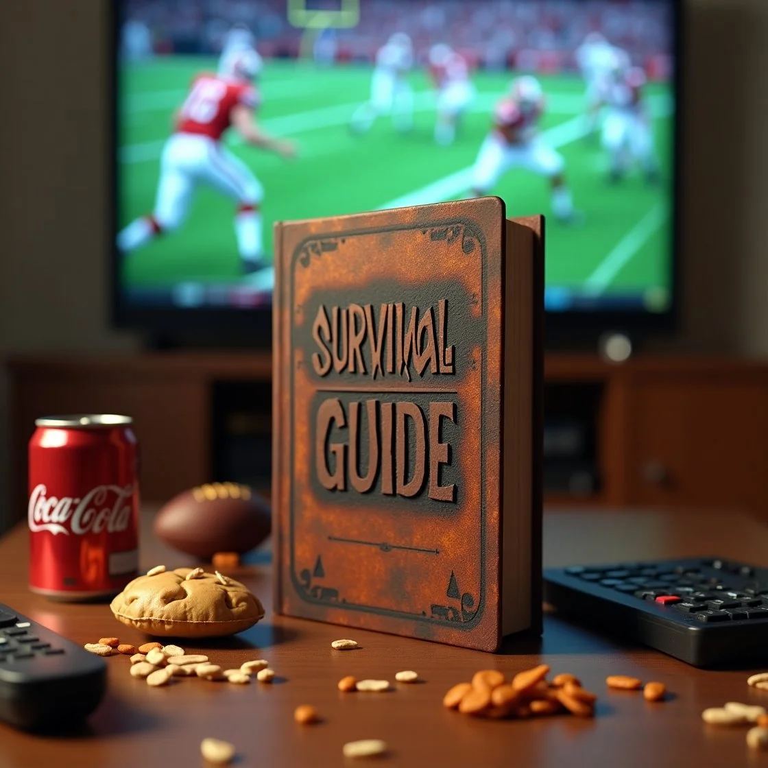A photograph of a rugged, slightly worn "Survival Guide" handbook sitting on a living room coffee table cluttered with snacks, a remote control, and a half-empty soda can. The title "Survival Guide" is embossed in bold, comic-style block letters on the cover, with a distressed yet humorous aesthetic. The background features a blurred TV screen showing a football game.