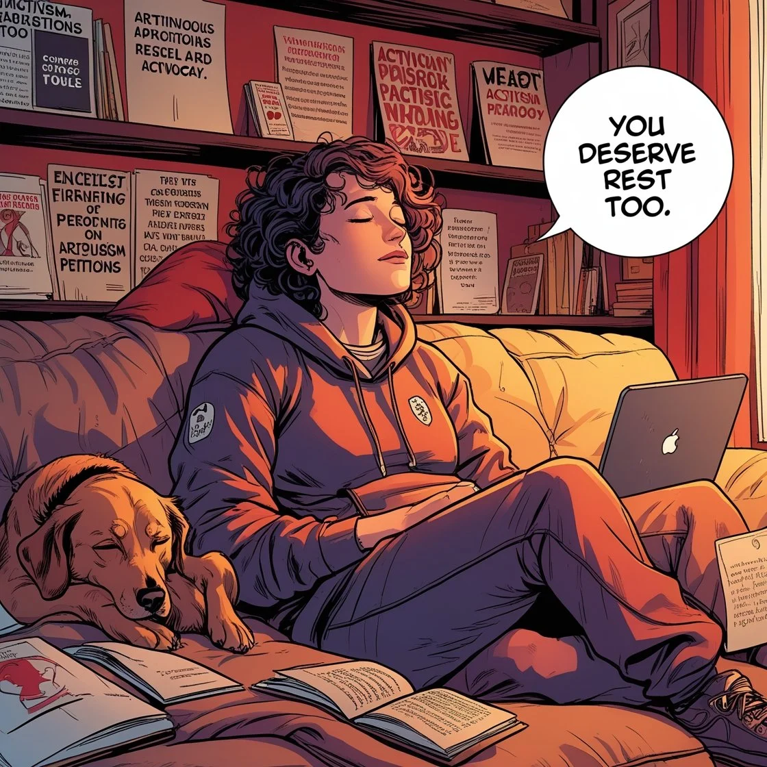 A digital illustration in a comic book style depicts a young person with curly hair resting on a cozy couch, wearing a hoodie and sweatpants. Their eyes are closed, and they are holding a book in their lap, with a laptop open beside them. A service dog is curled up and sleeping next to them. The background features a bookshelf filled with advocacy and activism-related books and posters. bA speech bubble above the person reads, "You deserve rest too."