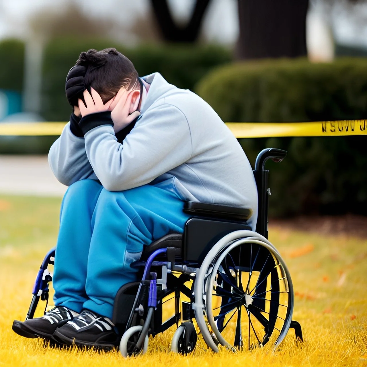 A disabled wheelchair user sits with his hands covering his face in frustration.