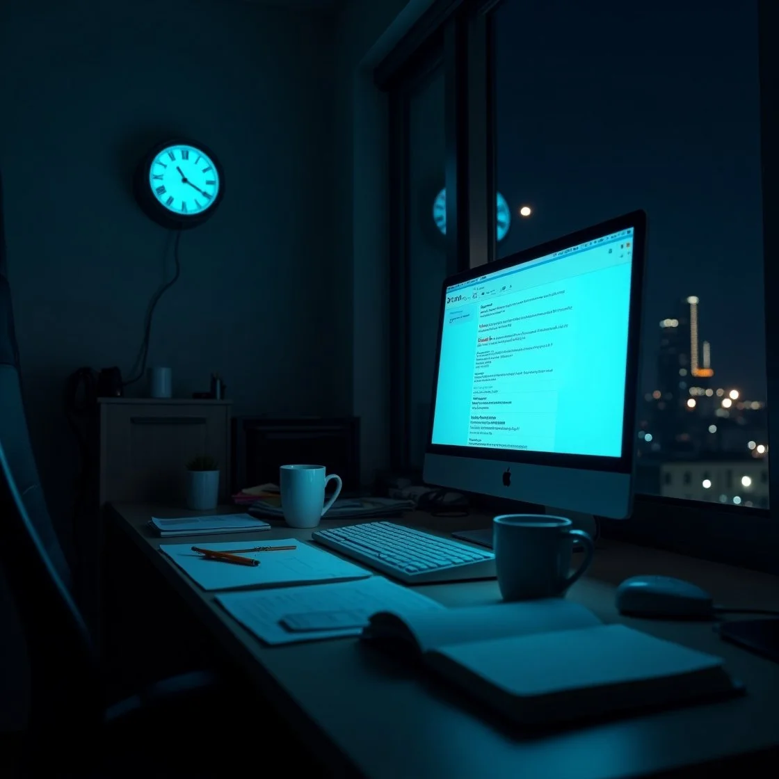 A dimly lit home office at 2AM, illuminated by a glowing computer screen displaying an email inbox with multiple unread messages. Coffee cups, papers, and an open notebook sit on the desk, evoking a sense of late-night work.