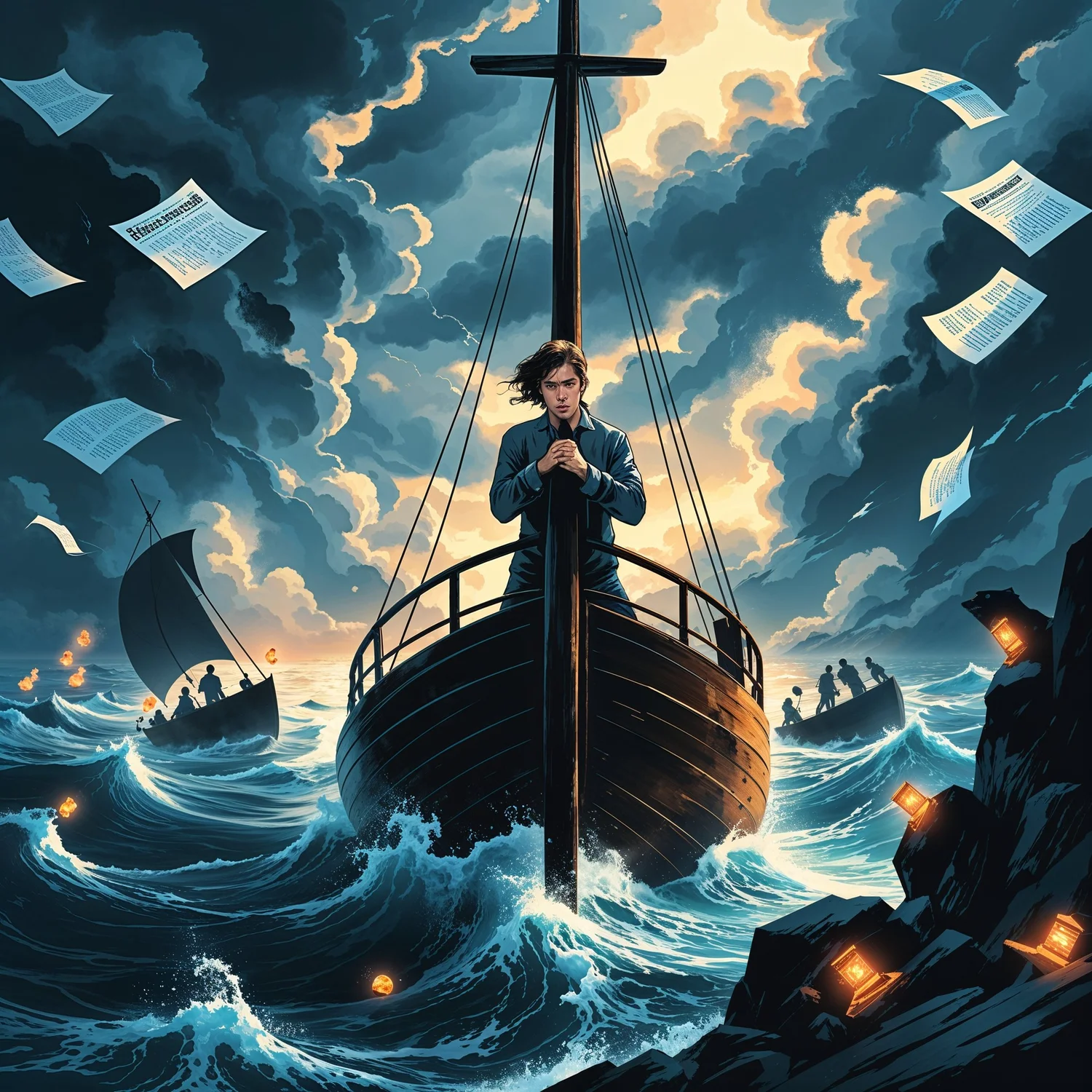 Person tied to a ship’s mast in stormy seas, surrounded by flying papers, rough waves, and glowing lights on rocky shores—symbolizing focus amid chaos and distraction.