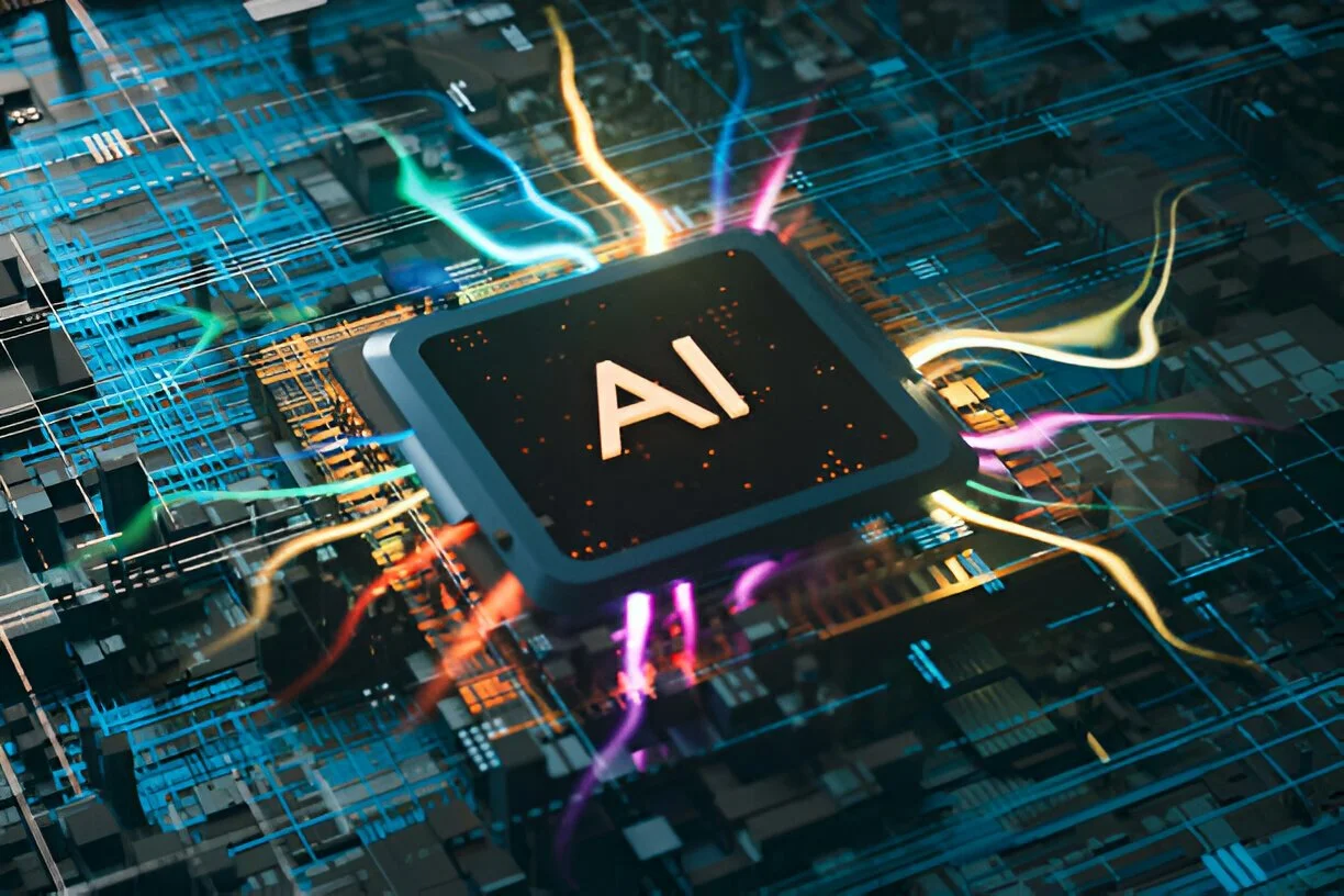 A generative artificial intelligence cpu that emits colorful light, 3d rendering