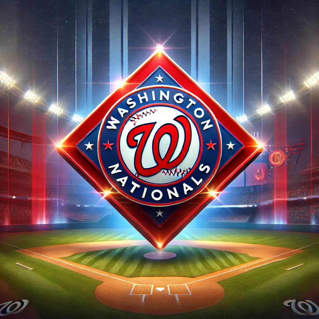 A digital illustration of the Washington Nationals logo prominently displayed in the center, surrounded by vibrant red, white, and blue accents. The background features a baseball diamond with dramatic lighting, creating a sense of energy and pride. The design emphasizes the team's colors and tradition in a bold and professional style