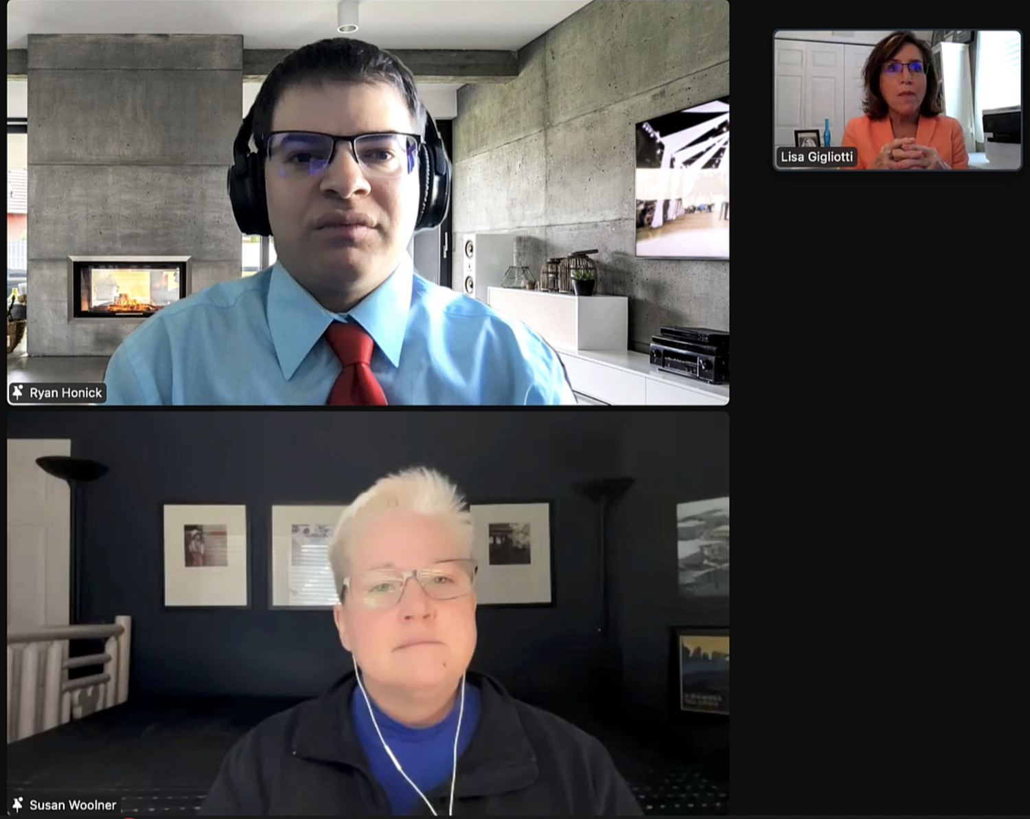 Ryan Honick wearing a sky blue dress shirt, red tie, glasses, and headphones presents via Zoom to members of MGMI about reasonable accommodations and disability disclosure in the workplace on 10.22.22