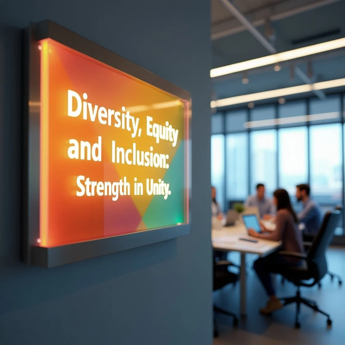 A modern office features an illuminated sign reading "Diversity, Equity, and Inclusion: Strength in Unity" with a colorful gradient background. In the background, a diverse group of employees collaborates around a conference table in a well-lit space with large windows.