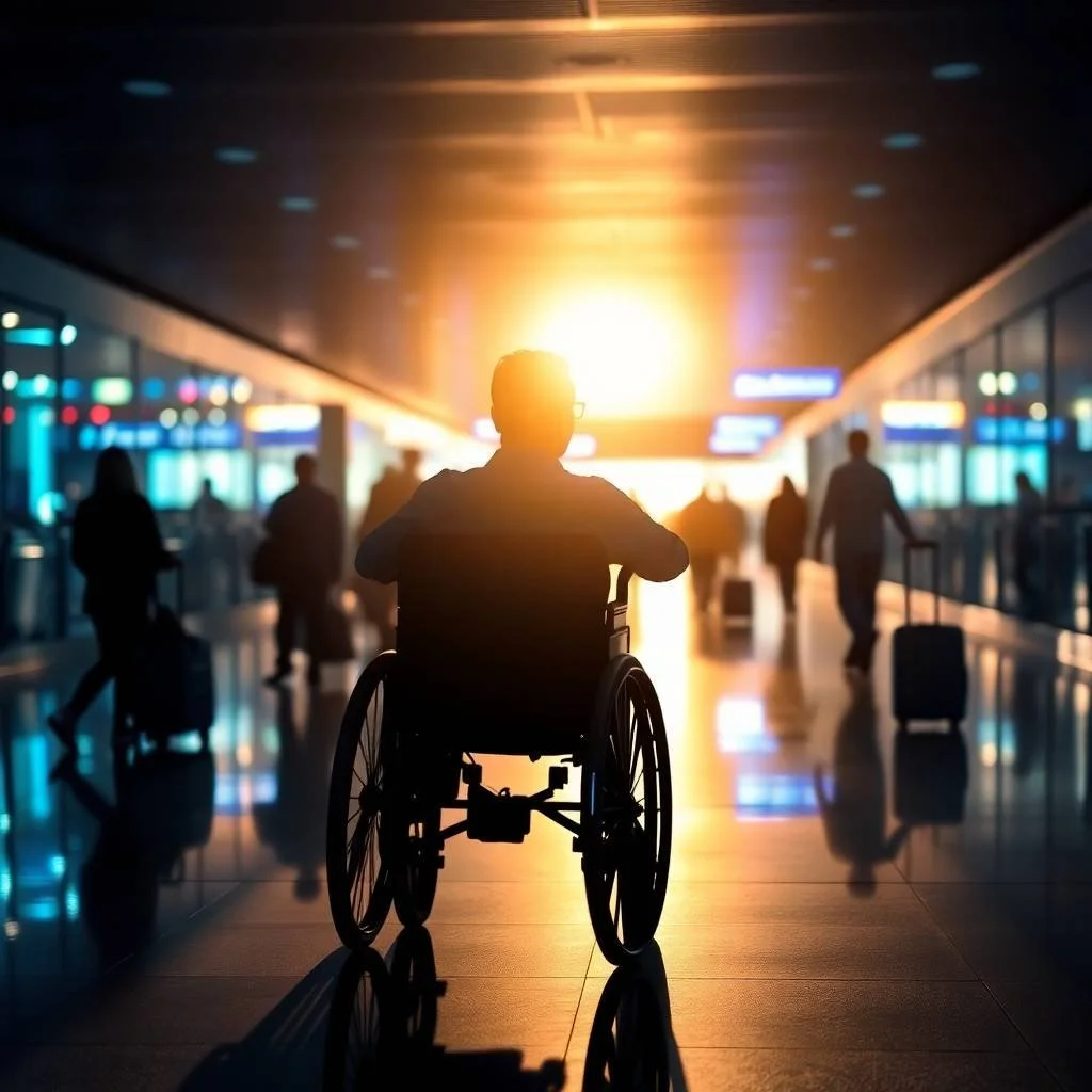 Silhouetted wheelchair user navigating through a bustling airport terminal during sunrise or sunset, with warm golden light streaming in from large windows ahead. The reflection of the light creates a glowing effect on the polished floor. Other travelers with luggage are blurred in the background, adding a sense of motion and activity to the scene.