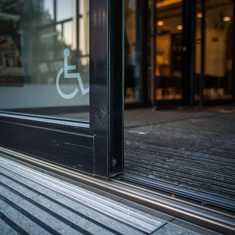 Close-up of a hotel entrance showing a glass door with a wheelchair accessibility symbol and a raised metal threshold that creates a small lip between the ramp and the doorway.