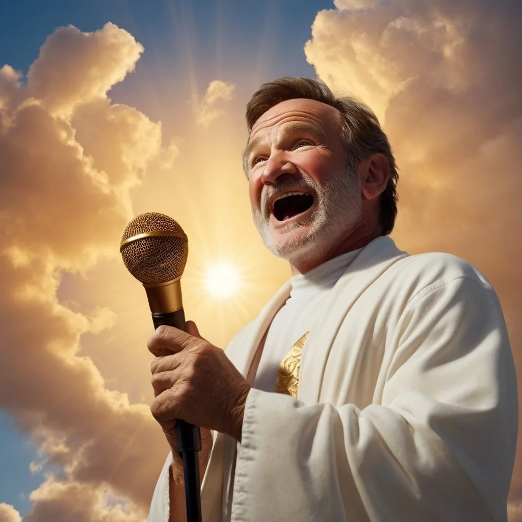A photorealistic image of Robin Williams, dressed in a white robe with golden details, holding a microphone. He is laughing joyfully, with a radiant smile on his face. The background features a dramatic sky with golden clouds and a bright sun shining behind him, creating a heavenly glow around his figure.
