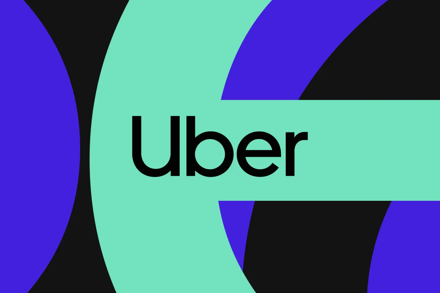 Uber logo displayed on a modern, abstract background featuring curved shapes in black, blue, and mint green.