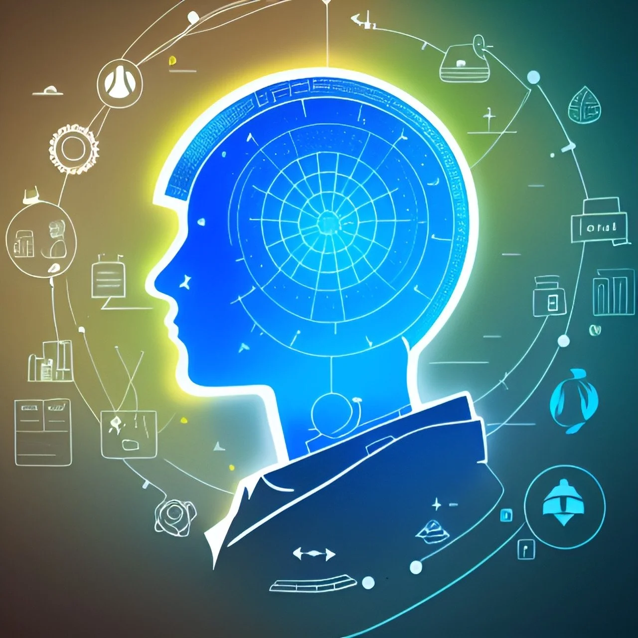 A person's head in blue outline with a futuristic interface in the background.