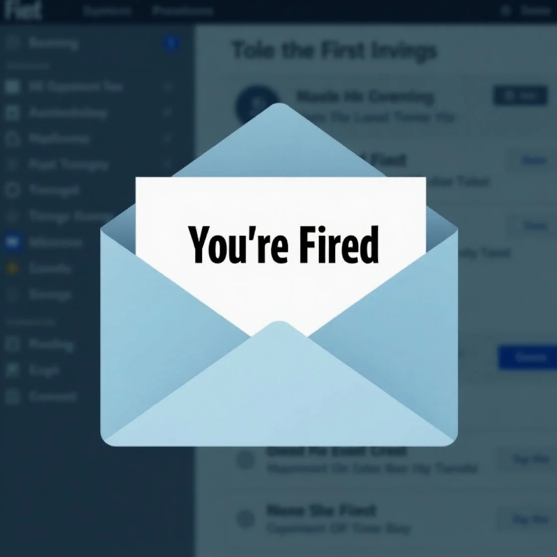 A digital illustration of an email notification with the bold subject line "You're Fired" displayed on a white sheet emerging from an open blue envelope. The background shows a blurred email inbox interface with unread messages, reinforcing the theme of job termination or layoffs.