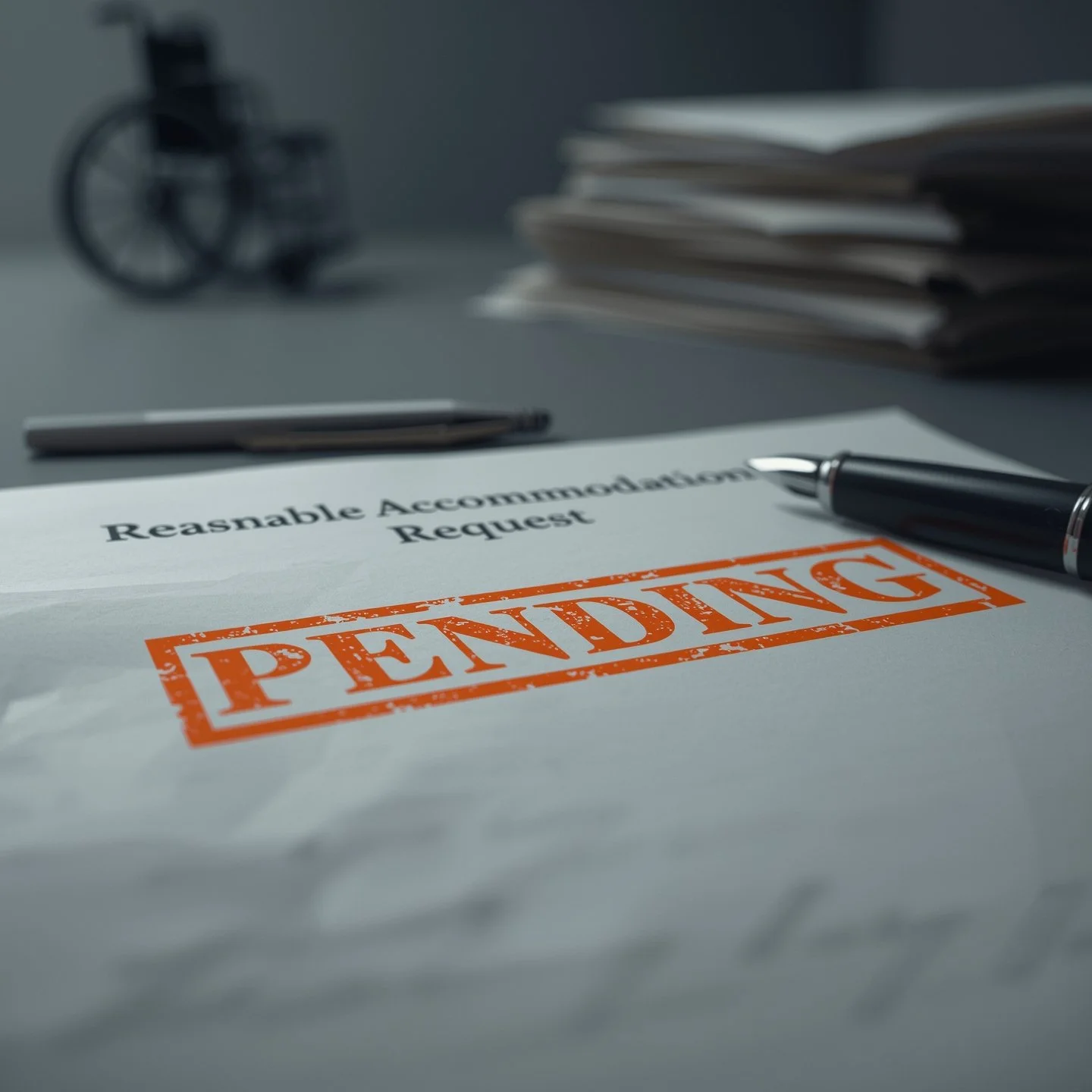 Close-up of a Reasonable Accommodation Request stamped PENDING, with a pen on the desk and a blurred wheelchair in the background.