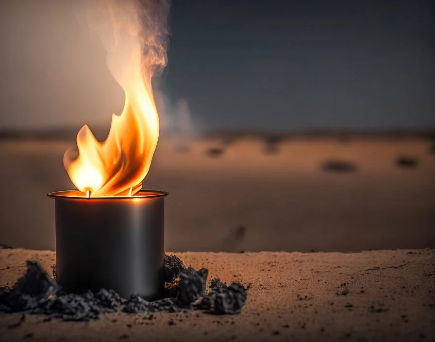 A black candle with a wild flame burns surrounded by smoke and a dark desolate background.