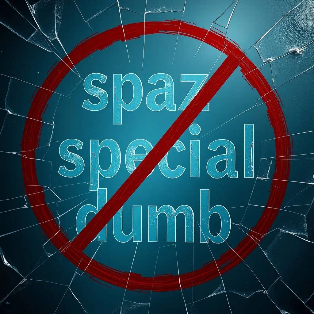 A conceptual image of a large pane of shattered glass with the words "spaz," "special," and "dumb" etched into its surface. A bold red prohibition circle with a diagonal line crosses over the words, symbolizing rejection of harmful language. Cracks radiate outward from the center of the glass, emphasizing the fragility and breaking of outdated, offensive terms. The background is a gradient of teal and blue, adding depth and contrast to the image.