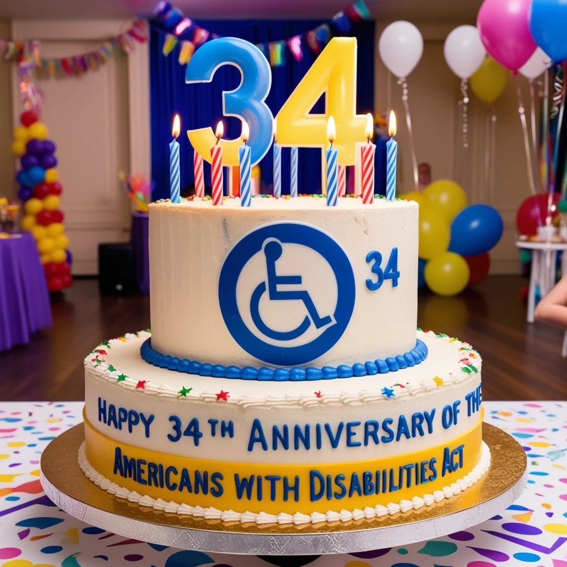 A festive indoor celebration scene for the 34th anniversary of the Americans with Disabilities Act. The centerpiece is a large two-tiered cake decorated with the Disability Parking Symbol in blue. The top of the cake features lit candles and large number "34" candles. The cake is inscribed with the message "Happy 34th Anniversary of the Americans with Disabilities Act." The background is adorned with colorful balloons and streamers, creating a joyful and vibrant party atmosphere.