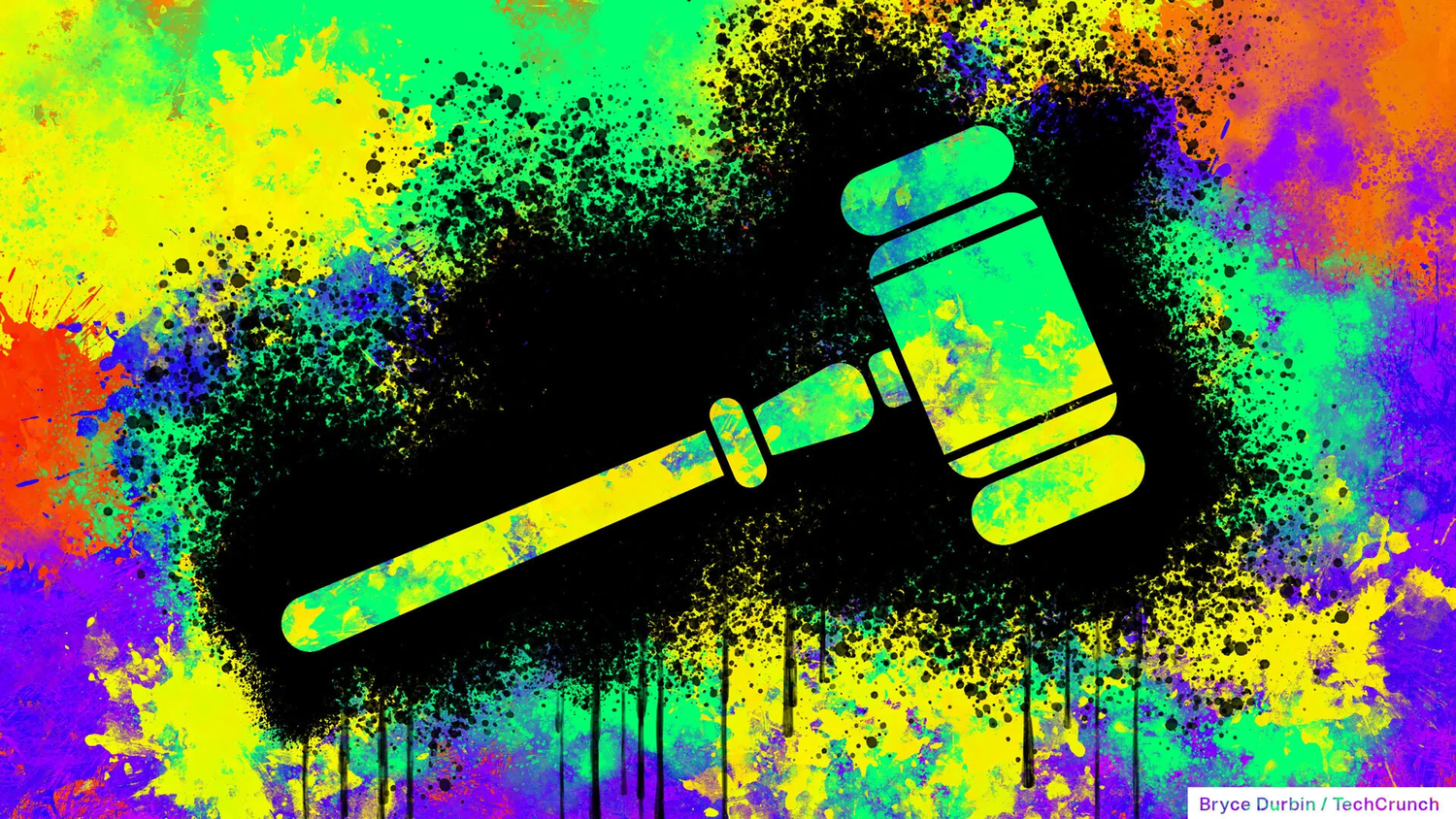 A colorful and abstract digital artwork depicting a judge's gavel. The gavel is stylized with splashes of vibrant paint in shades of yellow, green, blue, purple, orange, and black, creating a dynamic, graffiti-like effect. The background is a chaotic blend of splattered colors, giving the image an energetic and bold appearance